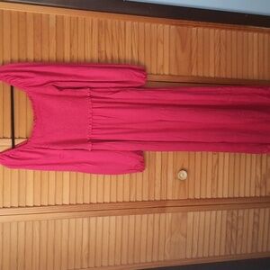 Tanou NWT Rose Red Elastic Off Shoulder Sleeves Inseam Pockets Jumpsuit Size L